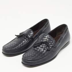 Pre Owned Bottega Veneta Navy Blue Leather Intrecciato Bow Loafers Size 43.5