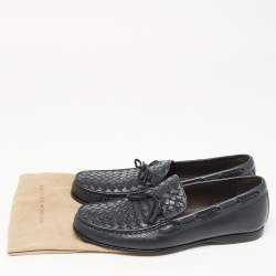Pre Owned Bottega Veneta Navy Blue Leather Intrecciato Bow Loafers Size 43.5