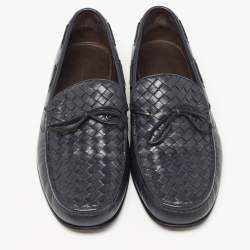 Pre Owned Bottega Veneta Navy Blue Leather Intrecciato Bow Loafers Size 43.5