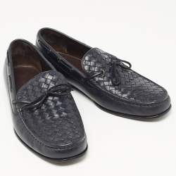 Pre Owned Bottega Veneta Navy Blue Leather Intrecciato Bow Loafers Size 43.5