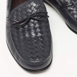 Pre Owned Bottega Veneta Navy Blue Leather Intrecciato Bow Loafers Size 43.5