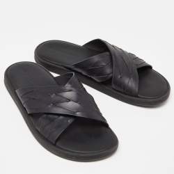 Pre Owned Bottega Veneta Black Woven Leather Cross Strap Flat Slides Size 43 