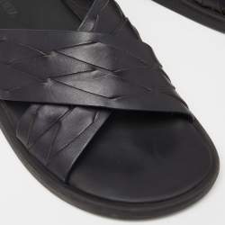 Pre Owned Bottega Veneta Black Woven Leather Cross Strap Flat Slides Size 43 