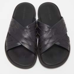 Pre Owned Bottega Veneta Black Woven Leather Cross Strap Flat Slides Size 43 