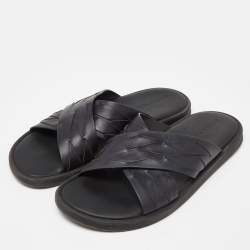 Pre Owned Bottega Veneta Black Woven Leather Cross Strap Flat Slides Size 43 