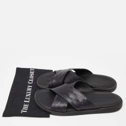 Pre Owned Bottega Veneta Black Woven Leather Cross Strap Flat Slides Size 43 
