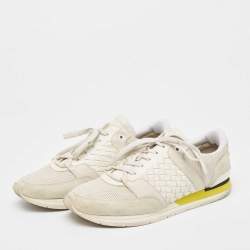 Bottega Veneta White/Grey Intrecciato Leather and Suede Lace Up Sneakers Size 42