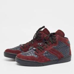 Bottega Veneta Burgundy/Navy Blue Suede and Intrecciato Leather High Top Sneakers Size 44.5 