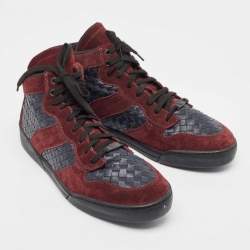 Bottega Veneta Burgundy/Navy Blue Suede and Intrecciato Leather High Top Sneakers Size 44.5 