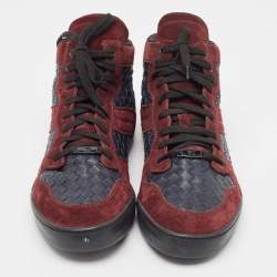 Bottega Veneta Burgundy/Navy Blue Suede and Intrecciato Leather High Top Sneakers Size 44.5 
