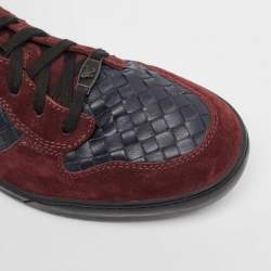 Bottega Veneta Burgundy/Navy Blue Suede and Intrecciato Leather High Top Sneakers Size 44.5 