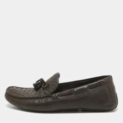 Bottega Veneta Brown Intrecciato Leather Wave Driver Bow Slip On Loafers Size 43.5 