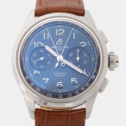 Pre Owned Breitling Blue Stainless Steel Leather Duograph AB1510171C1P1 Men's Wristwatch 42 mm