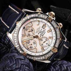 Breitling White MOP Diamond 18K Yellow Gold Stainless Steel Crosswind B13355 Automatic Men's Wristwatch 43mm