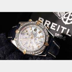 Breitling White MOP Diamond 18K Yellow Gold Stainless Steel Crosswind B13355 Automatic Men's Wristwatch 43mm