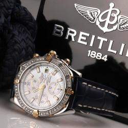 Breitling White MOP Diamond 18K Yellow Gold Stainless Steel Crosswind B13355 Automatic Men's Wristwatch 43mm