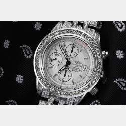 Breitling Customised White 15CT Diamond Stainless Steel Super Avenger A13370 Automatic Men's Wristwatch 44mm