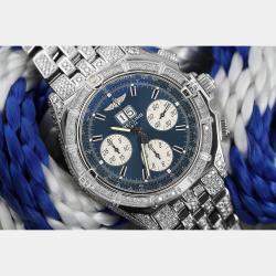 Breitling Customised Blue 12.00 Ct Diamond Stainless Steel Crosswind A44355 Automatic Men's Wristwatch 41 mm