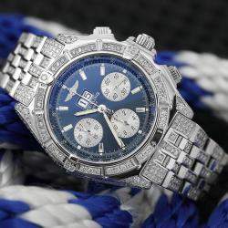 Breitling Customised Blue 12.00 Ct Diamond Stainless Steel Crosswind A44355 Automatic Men's Wristwatch 41 mm