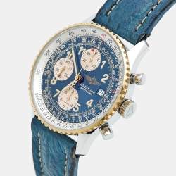 Pre Owned Breitling Navitimer D13022 Blue Dial 18K Yellow Gold Stainless Steel Leather Men's Wristwatch 41 mm