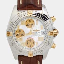 Pre Owned Breitling Mother of Pearl 18k Yellow Gold Stainless Steel Crocodile Cockpit B13358 Men's Wristwatch 39 mm