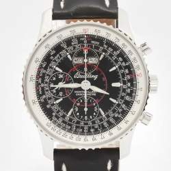 Pre Owned Breitling Black Stainless Steel Leather Montbrilliant Datora A21330 Men's Wrisrwatch 43 mm