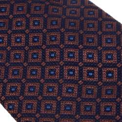Pre Owned Brioni Navy Blue and Bronze Diamond Pattern Silk Jacquard Tie