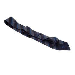 مملوكة مسبقًا Brioni Navy Blue and Grey Diagonal Striped Silk Jacquard Tie