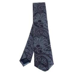 Pre Owned Brioni Blue Paisley Print Silk Tie and Pocket Square Set