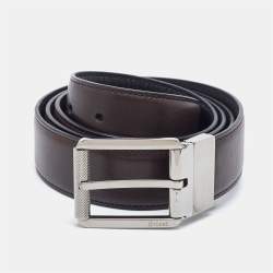 Brioni Black/Dark Brown Leather Cut to Size Reversible Buckle Belt