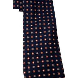 Pre Owned ربطة عنق بريوني ديتزي حرير بنقوش موردة زرقاء كحلية