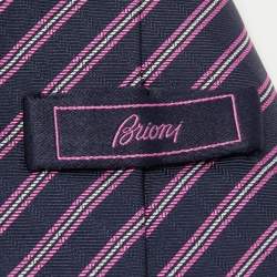 مملوكة مسبقًا Brioni Navy Blue & Pink Striped Jacquard Silk Tie