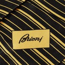 Pre Owned Brioni Black/Yellow Striped Satin Silk Pleated Tie 