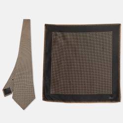 Brioni Multicolor Printed Satin Silk Pocket Square and Traditional Tie 