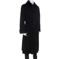 Pre Owned Brioni Black Cashmere Detachable Fur Collar Detail Belted Long Coat XXL