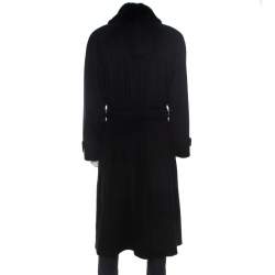 Pre Owned Brioni Black Cashmere Detachable Fur Collar Detail Belted Long Coat XXL