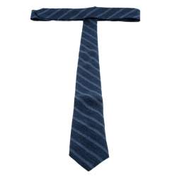 Pre Owned Brunello Cucinelli Blue Diagonal Striped Herringbone Weave Cotton Tie