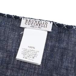 Pre Owned Brunello Cucinelli Navy Blue Cross Stitch Detail Linen Pocket Square