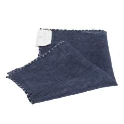 Pre Owned Brunello Cucinelli Navy Blue Cross Stitch Detail Linen Pocket Square