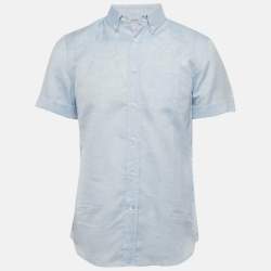 Brunello Cucinelli Light Blue Patterned Linen Blend Half Sleeve Shirt L