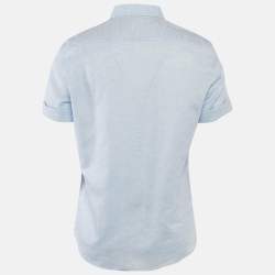 Brunello Cucinelli Light Blue Patterned Linen Blend Half Sleeve Shirt L