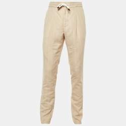 مملوكة مسبقًا بنطلون برونيللو كوتشينيللي كتان وصوف مخطط بلون البيج بقصة مريحة مقاس متوسط -  ميديم