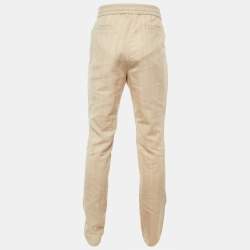 Pre Owned بنطلون برونيللو كوتشينيللي كتان وصوف مخطط بلون البيج بقصة مريحة مقاس متوسط -  ميديم