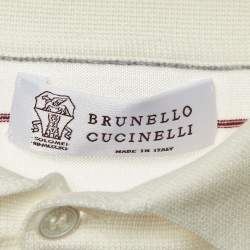 مملوكة مسبقًا تي شيرت برونيللو كوتشينيلي قطن مخطط أبيض محبوك بولو مقاس كبير - لارج