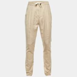 Pre Owned Brunello Cucinelli Beige Striped Linen & Wool Drawstring Waist Trousers M