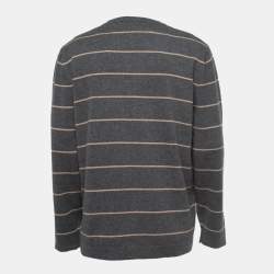 Brunello Cucinelli Grey Striped Cashmere Crew Neck Pullover XL