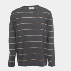 Brunello Cucinelli Grey Striped Cashmere Crew Neck Pullover XL