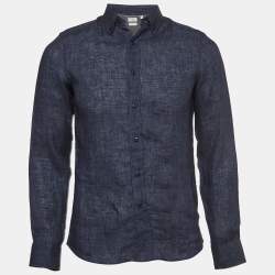 Pre Owned Brunello Cucinelli Navy Blue Solid Linen Washed Leisure Shirt XS