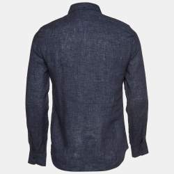 Pre Owned Brunello Cucinelli Navy Blue Solid Linen Washed Leisure Shirt XS