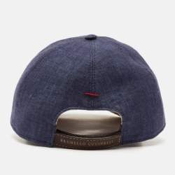 Brunello Cucinelli Blue/Beige Logo Embroidery Linen and Suede Baseball Cap M